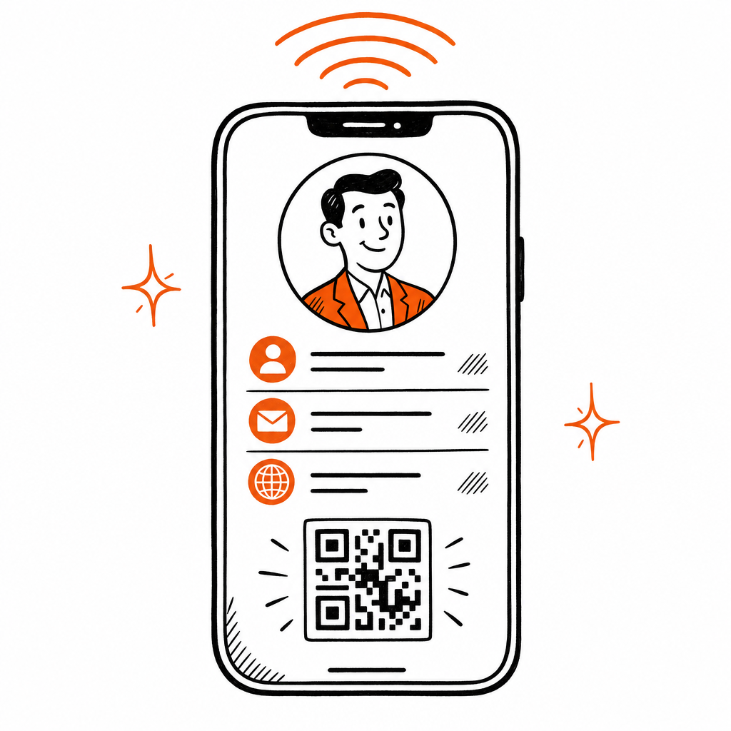 A smartphone showing a live digital business card with NFC tap waves