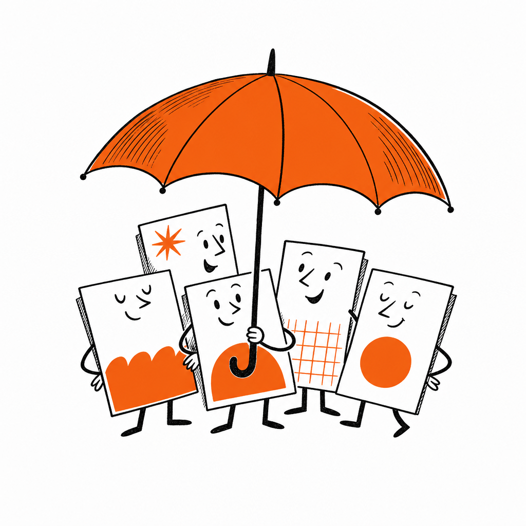 Several business cards gathered together under one umbrella
