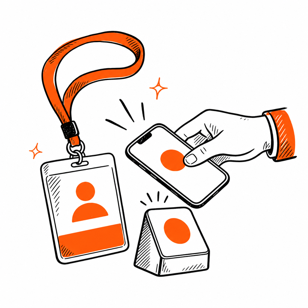 A conference lanyard badge and a phone tapping a booth stand to share a card